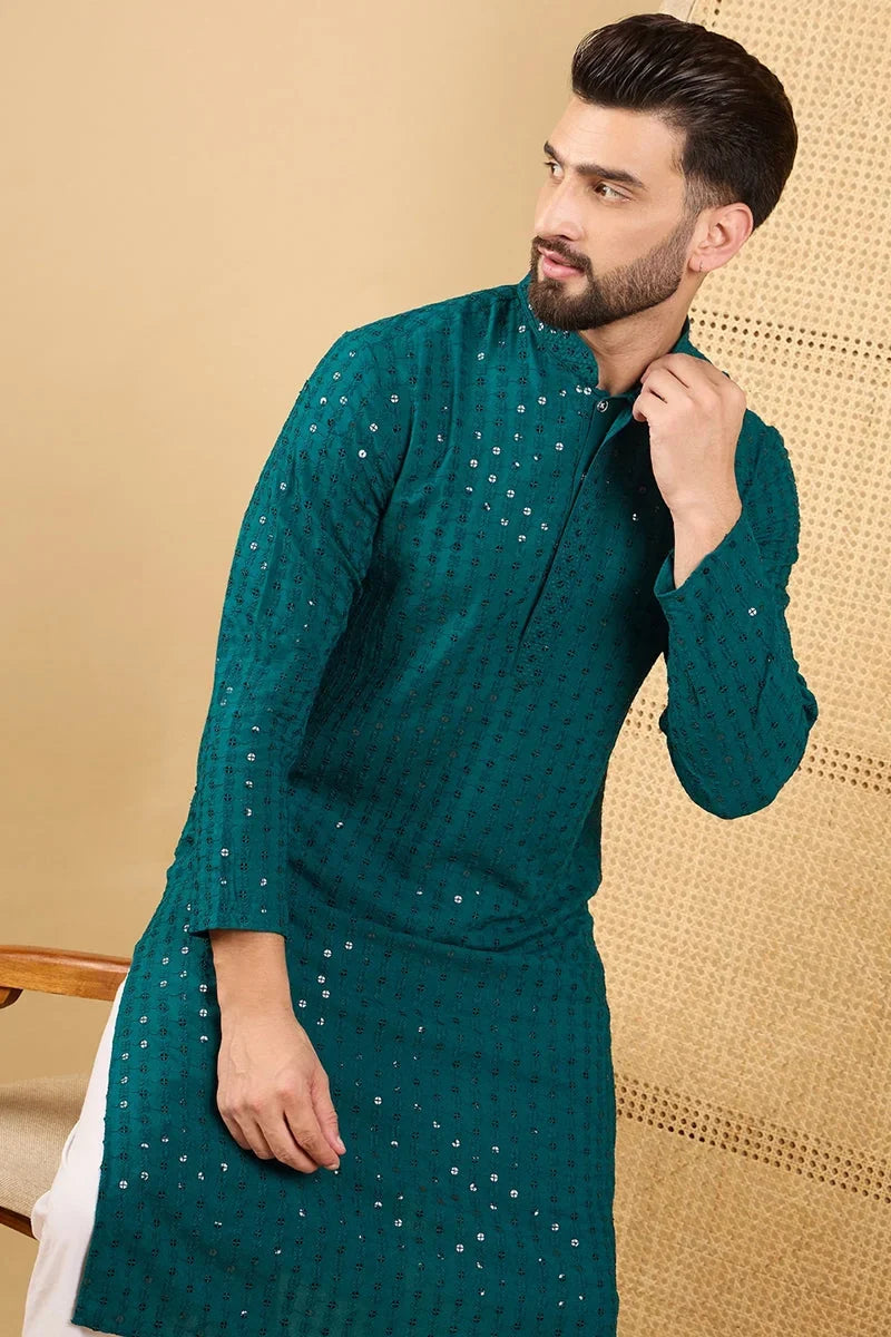 Teal Green Viscose Rayon Solid Embroidered Straight Chikankari Kurta MKU1046