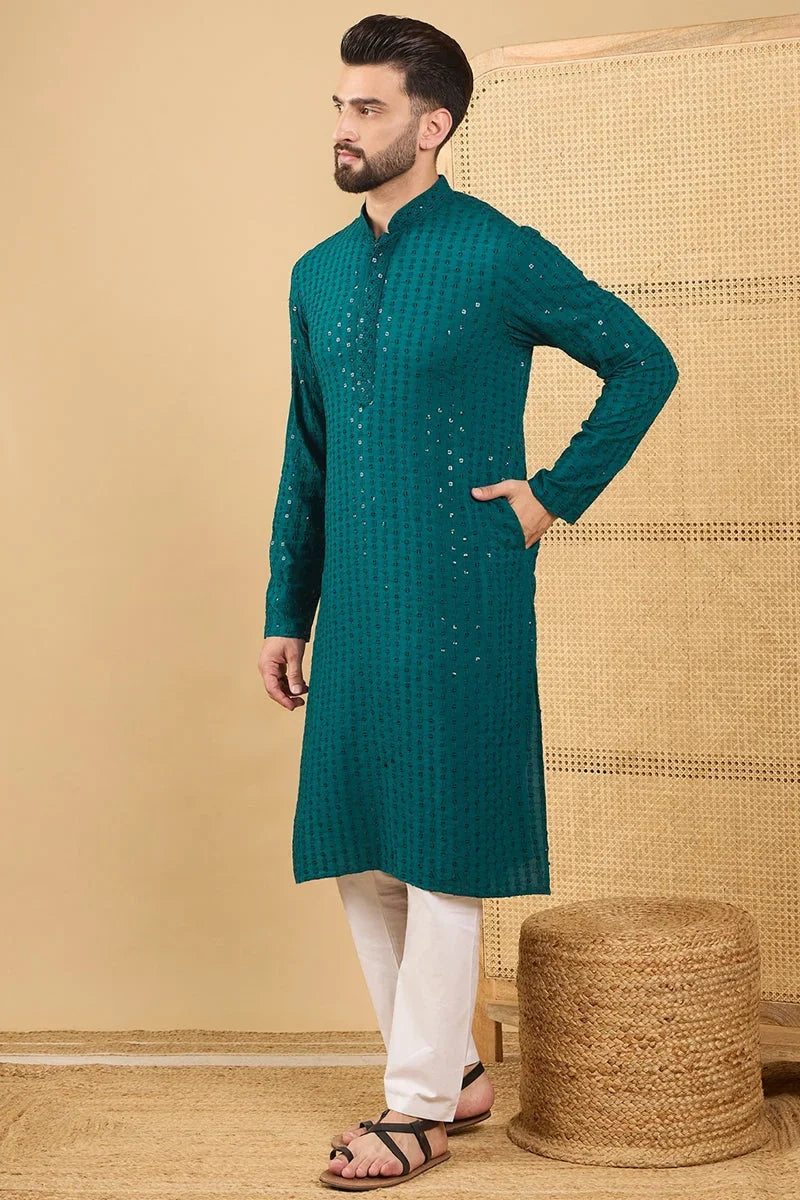 Teal Green Viscose Rayon Solid Embroidered Straight Chikankari Kurta MKU1046