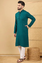 Teal Green Viscose Rayon Solid Embroidered Straight Chikankari Kurta MKU1046
