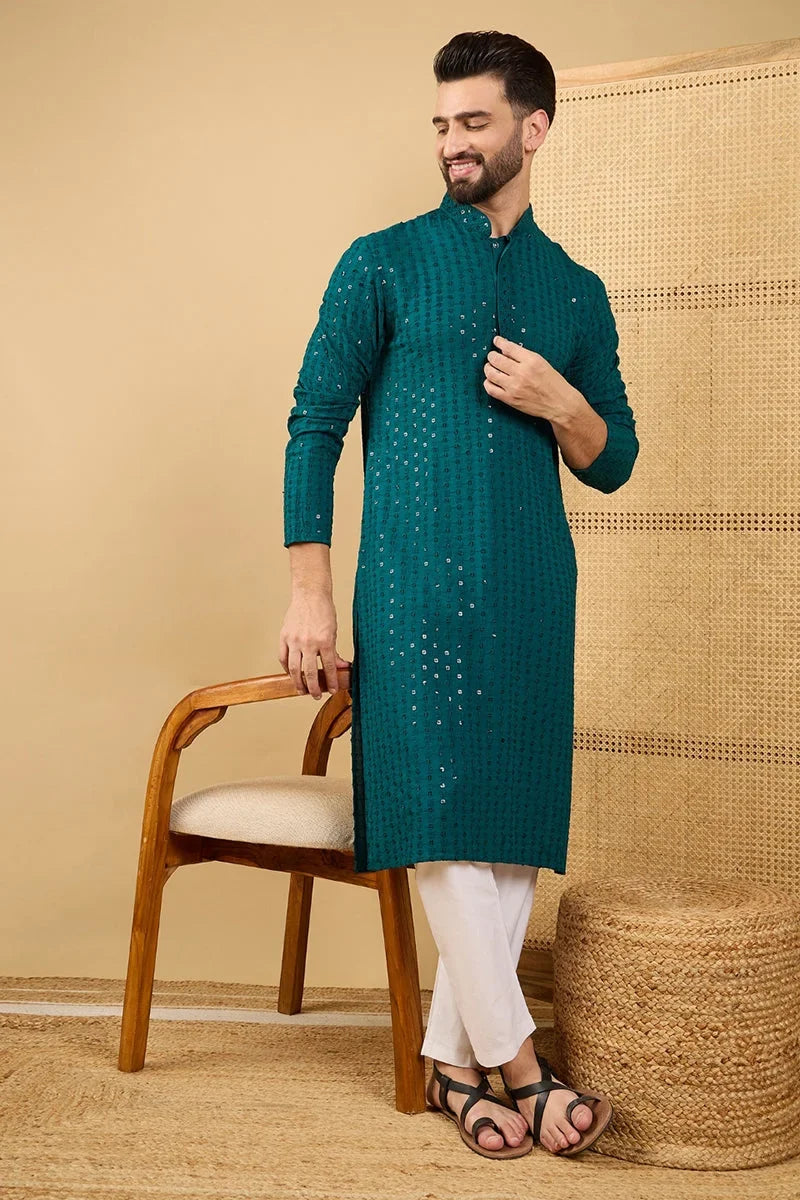 Teal Green Viscose Rayon Solid Embroidered Straight Chikankari Kurta MKU1046
