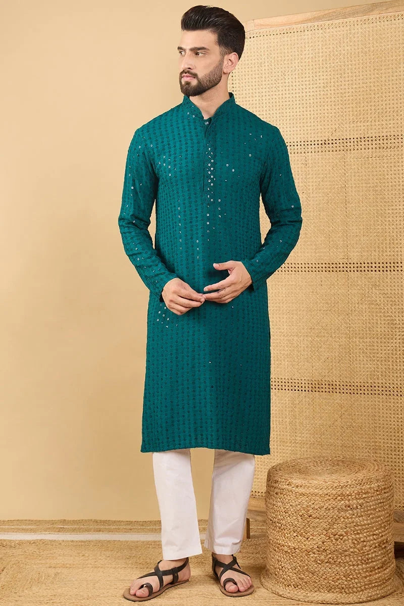 Teal Green Viscose Rayon Solid Embroidered Straight Chikankari Kurta MKU1046