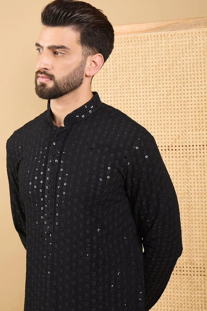 Black Viscose Rayon Solid Embroidered Straight Chikankari Kurta MKU1047