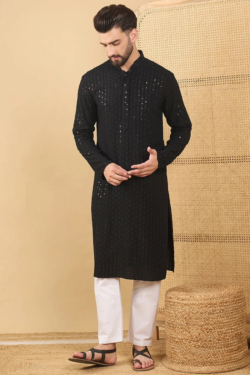 Black Viscose Rayon Solid Embroidered Straight Chikankari Kurta MKU1047