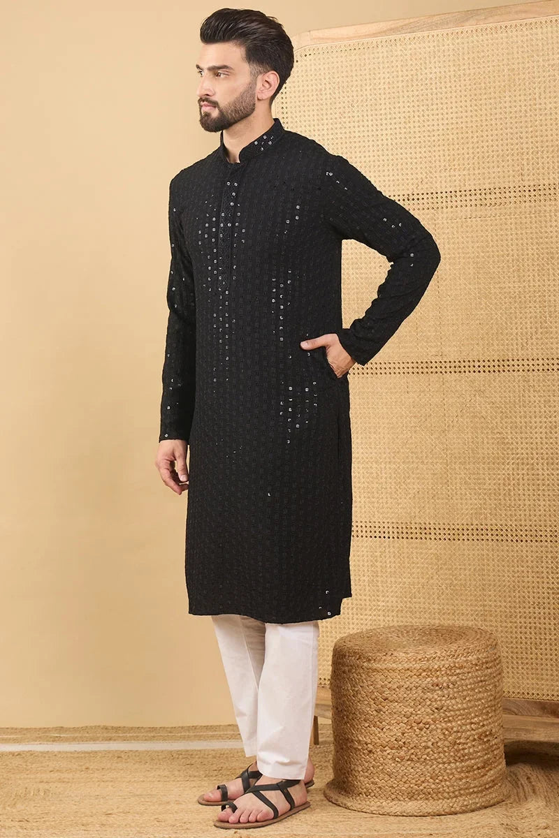 Black Viscose Rayon Solid Embroidered Straight Chikankari Kurta MKU1047