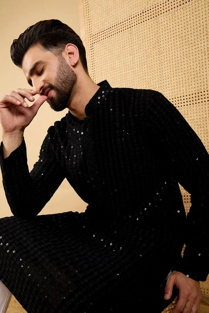 Black Viscose Rayon Solid Embroidered Straight Chikankari Kurta MKU1047
