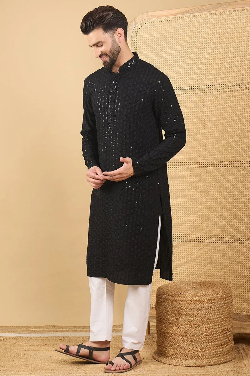 Black Viscose Rayon Solid Embroidered Straight Chikankari Kurta MKU1047