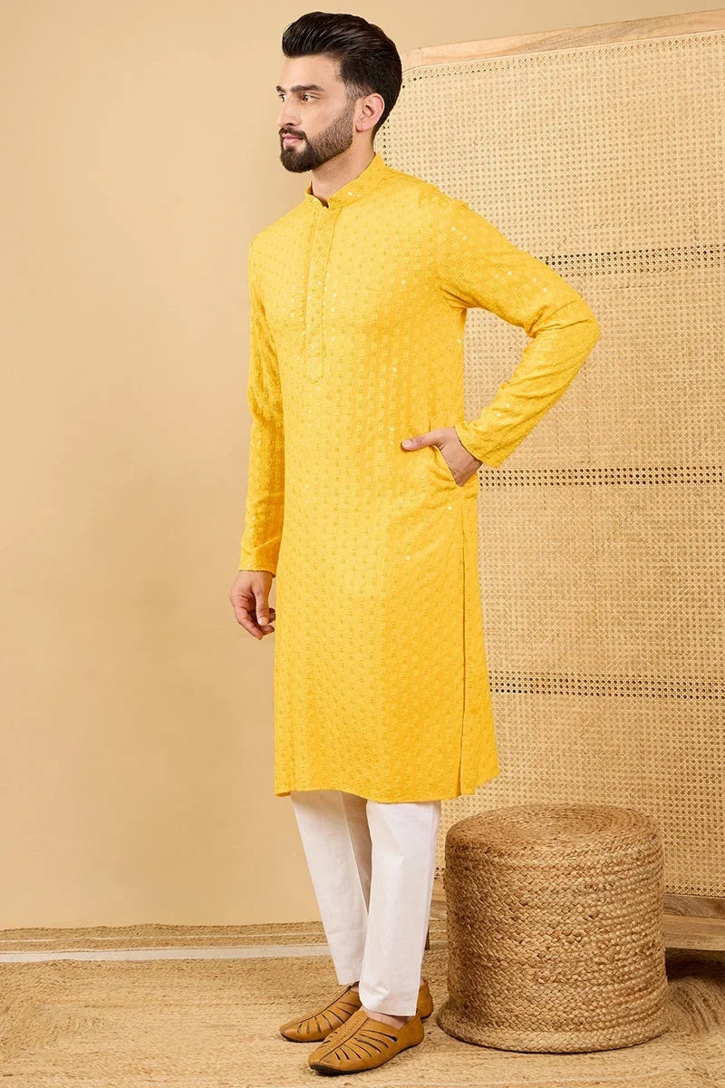 Yellow Viscose Rayon Solid Embroidered Straight Chikankari Kurta MKU1048