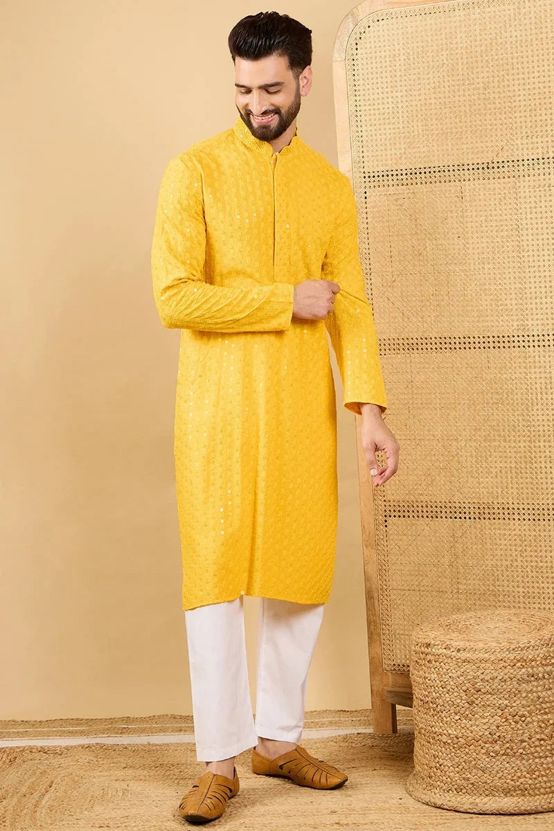Yellow Viscose Rayon Solid Embroidered Straight Chikankari Kurta MKU1048