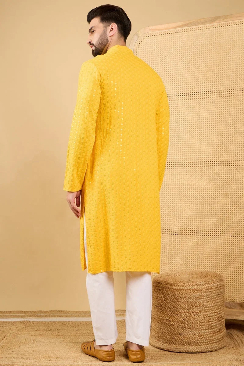 Yellow Viscose Rayon Solid Embroidered Straight Chikankari Kurta MKU1048