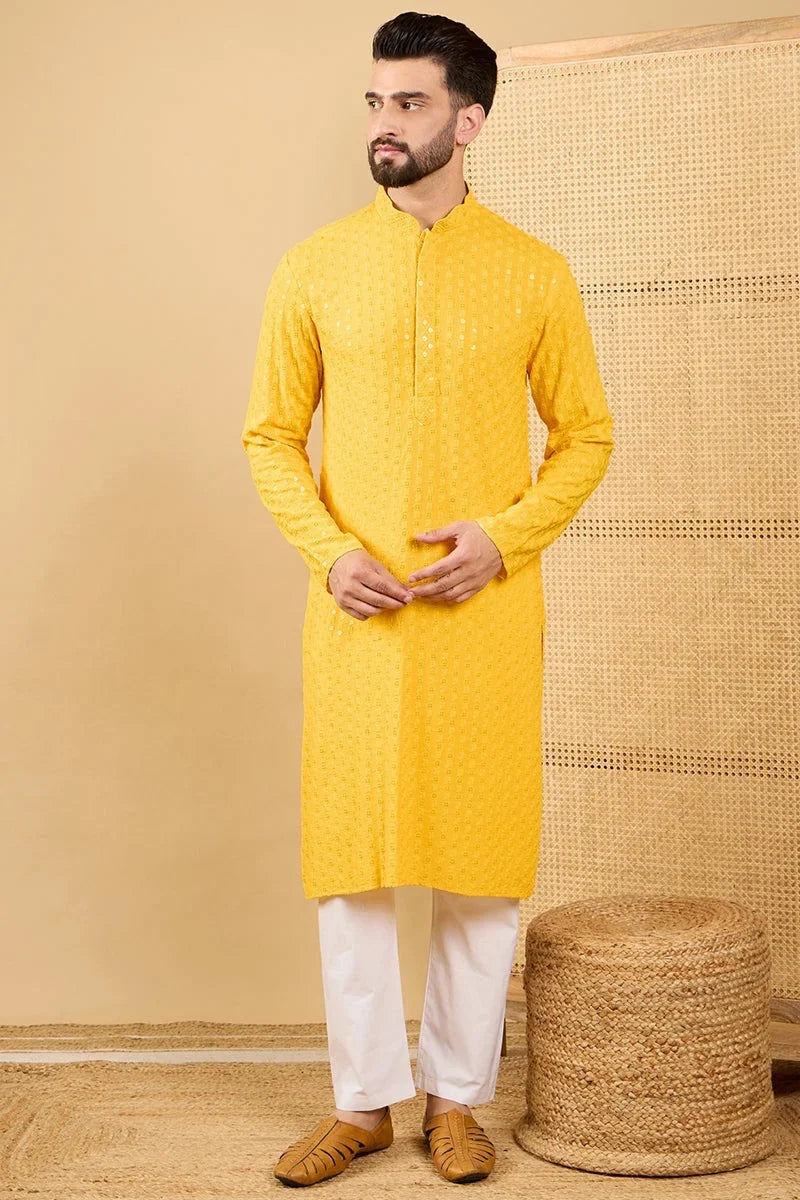 Yellow Viscose Rayon Solid Embroidered Straight Chikankari Kurta MKU1048