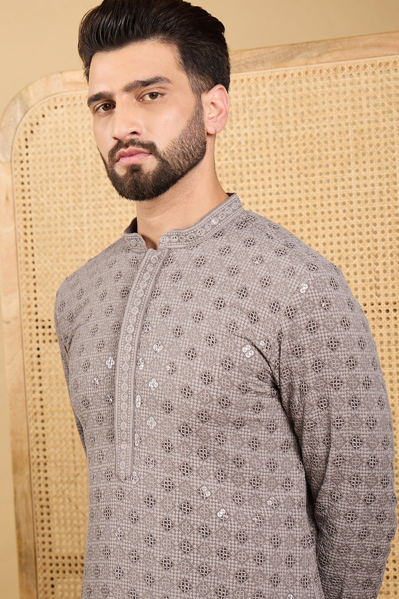 Grey Viscose Rayon Solid Embroidered Straight Kurta HOPMKU1049