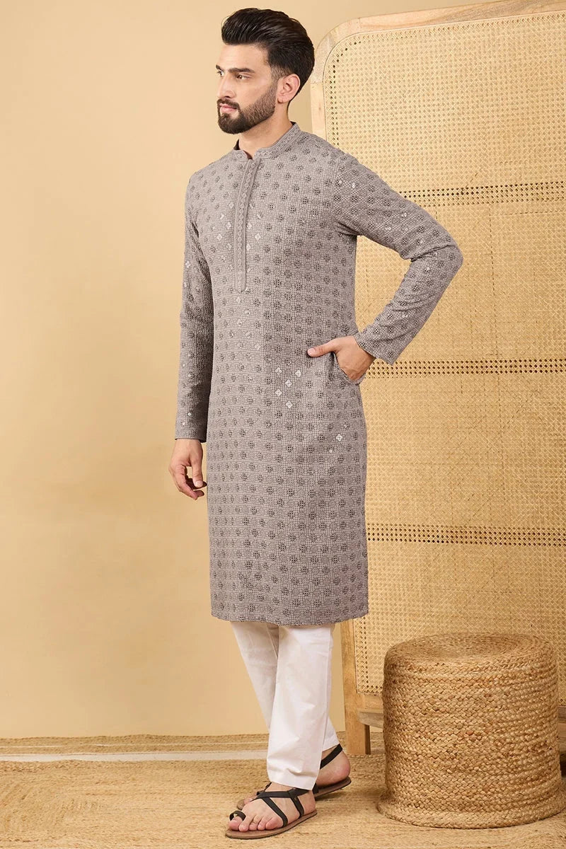Grey Viscose Rayon Solid Embroidered Straight Chikankari Kurta MKU1049
