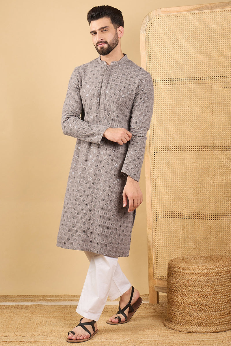 Grey Viscose Rayon Solid Embroidered Straight Kurta HOPMKU1049