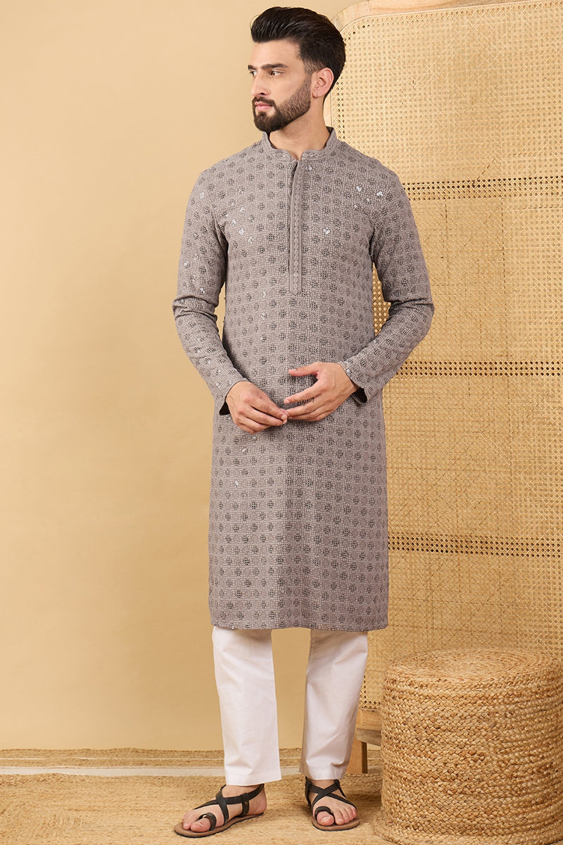 Grey Viscose Rayon Solid Embroidered Straight Kurta HOPMKU1049