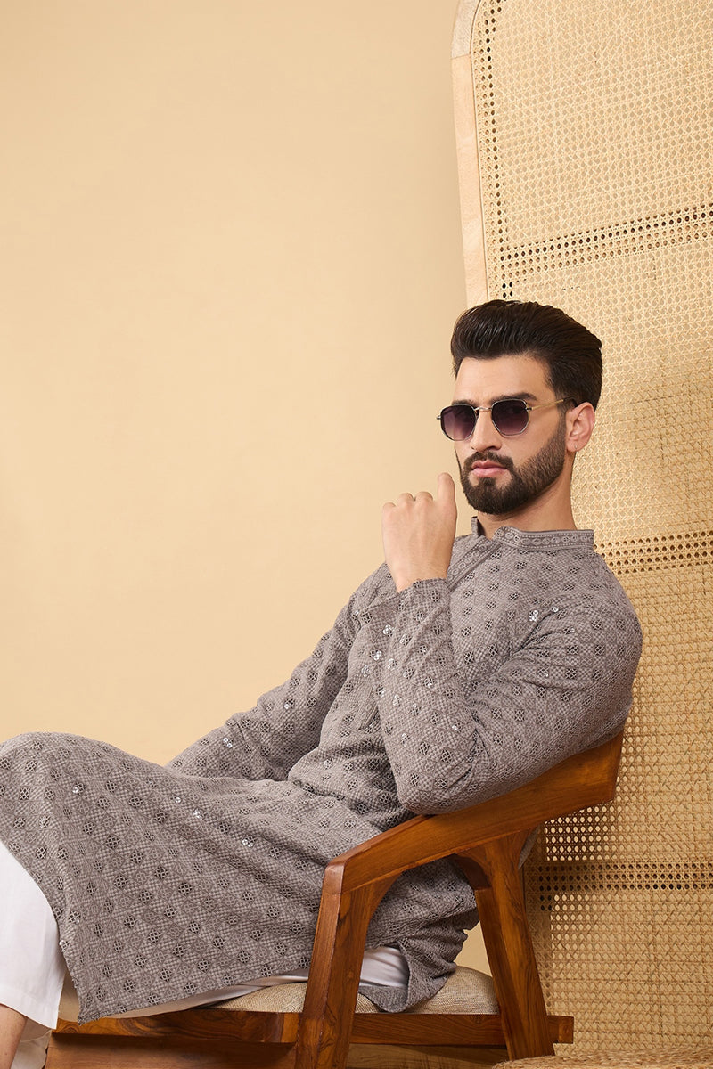 Grey Viscose Rayon Solid Embroidered Straight Kurta HOPMKU1049