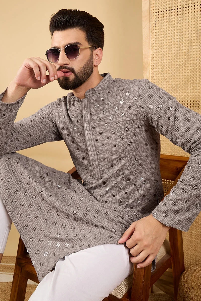 Grey Viscose Rayon Solid Embroidered Straight Chikankari Kurta MKU1049