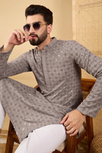 Grey Viscose Rayon Solid Embroidered Straight Chikankari Kurta MKU1049