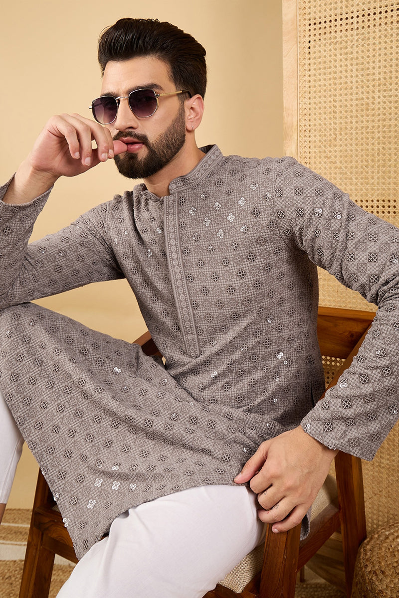 Grey Viscose Rayon Solid Embroidered Straight Kurta HOPMKU1049