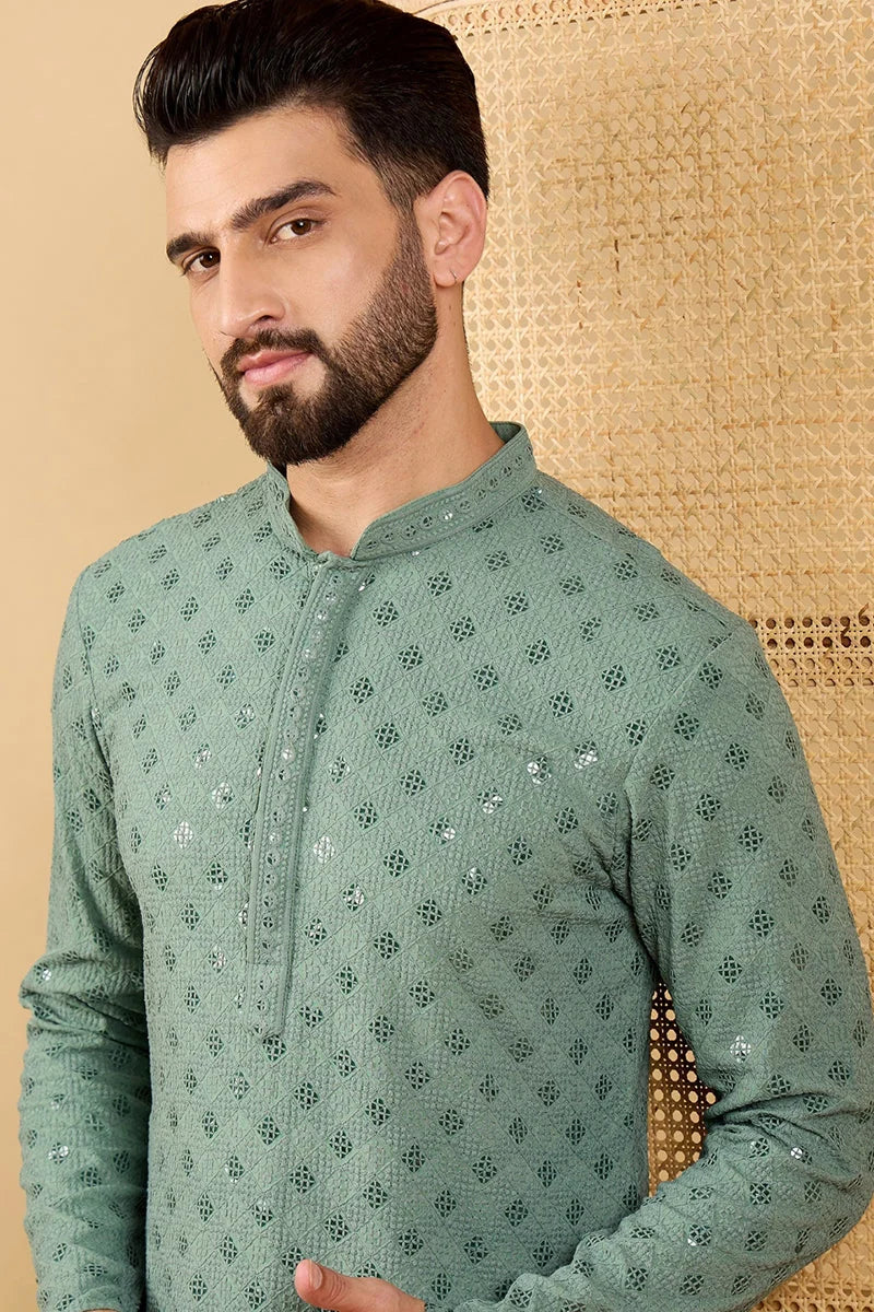 Green Viscose Rayon Solid Embroidered Straight Chikankari Kurta MKU1050