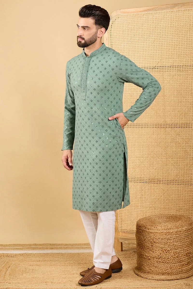 Green Viscose Rayon Solid Embroidered Straight Chikankari Kurta MKU1050