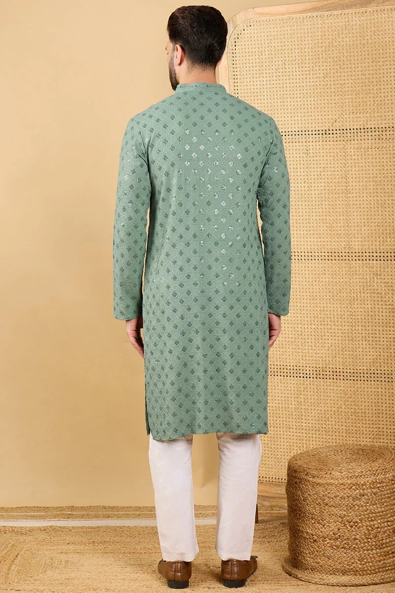 Green Viscose Rayon Solid Embroidered Straight Chikankari Kurta MKU1050