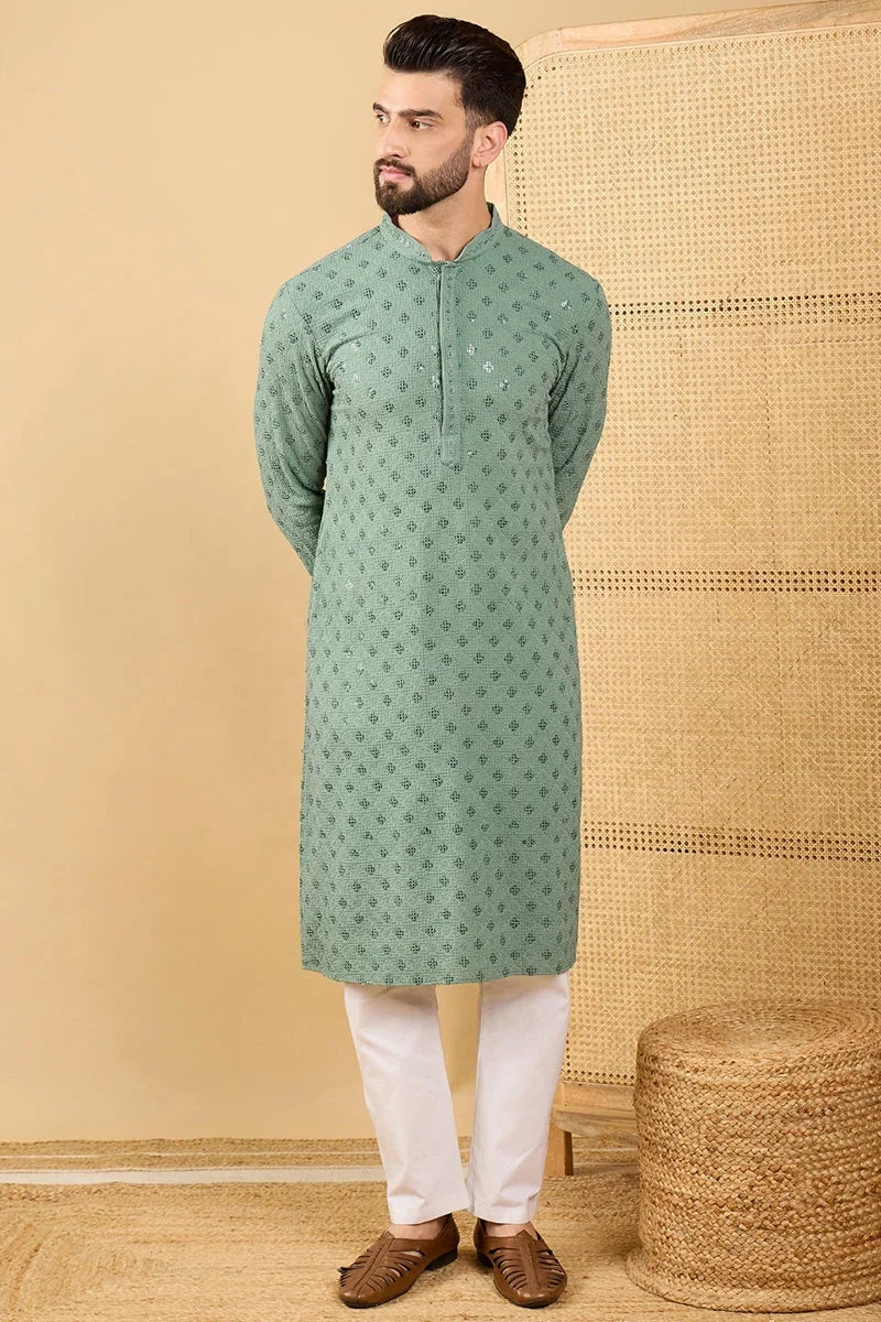 Green Viscose Rayon Solid Embroidered Straight Chikankari Kurta MKU1050