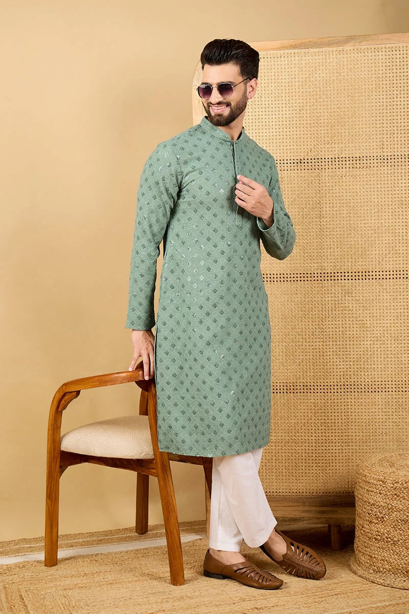 Green Viscose Rayon Solid Embroidered Straight Chikankari Kurta MKU1050