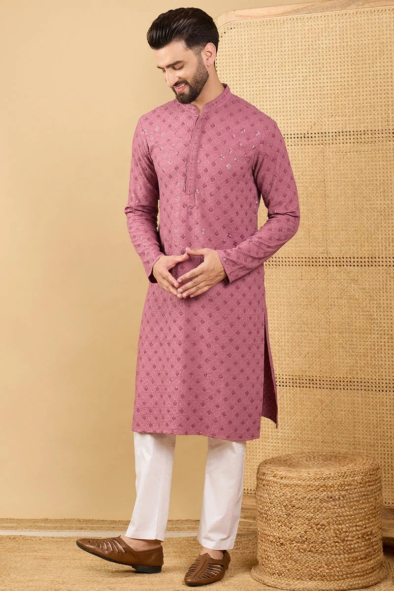 Mauve Viscose Rayon Solid Embroidered Straight Chikankari Kurta MKU1051