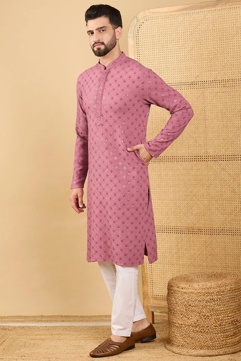 Mauve Viscose Rayon Solid Embroidered Straight Chikankari Kurta MKU1051