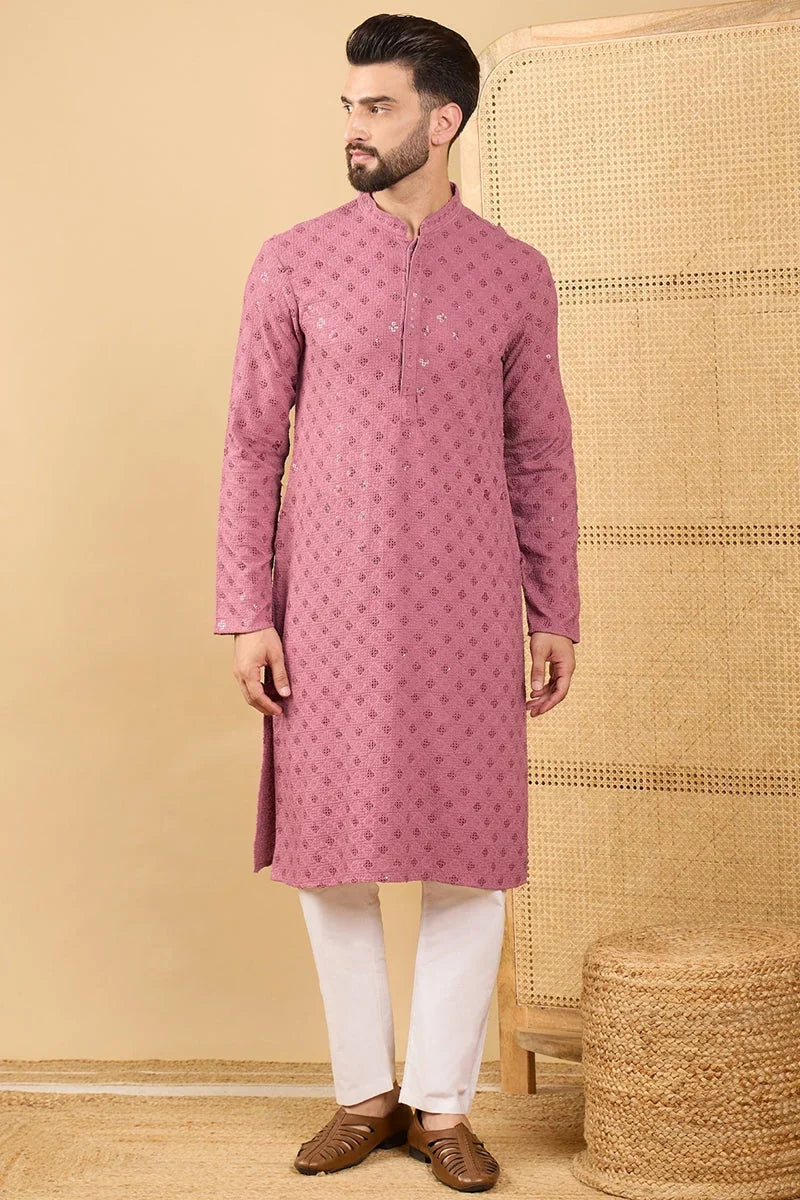 Mauve Viscose Rayon Solid Embroidered Straight Chikankari Kurta MKU1051