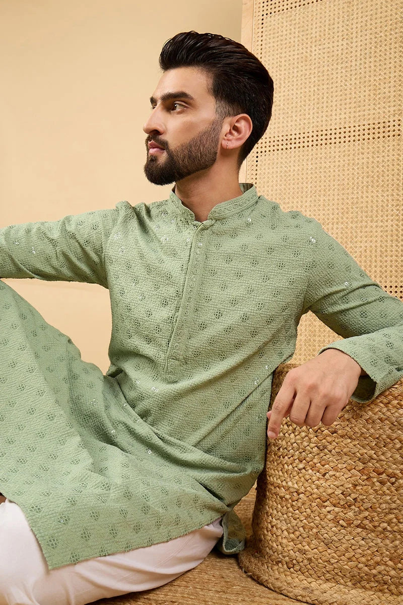 Green Viscose Rayon Solid Embroidered Straight Chikankari Kurta MKU1053