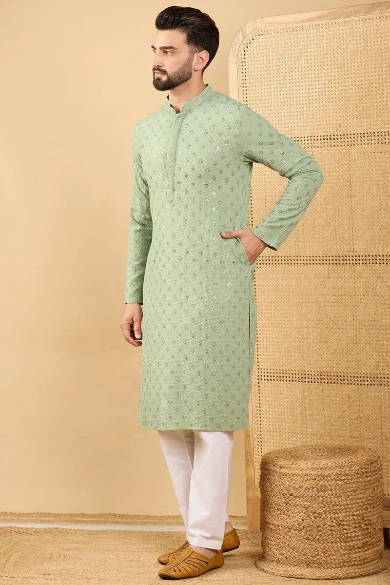 Green Viscose Rayon Solid Embroidered Straight Chikankari Kurta MKU1053