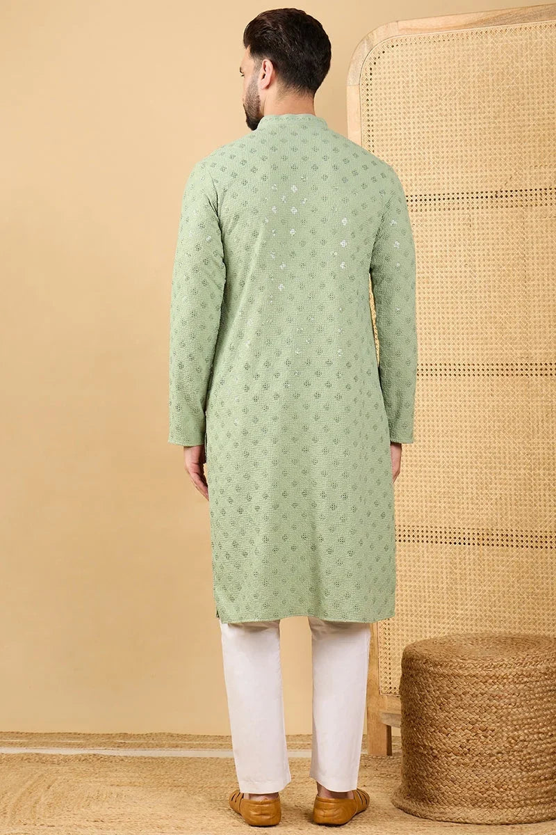 Green Viscose Rayon Solid Embroidered Straight Chikankari Kurta MKU1053