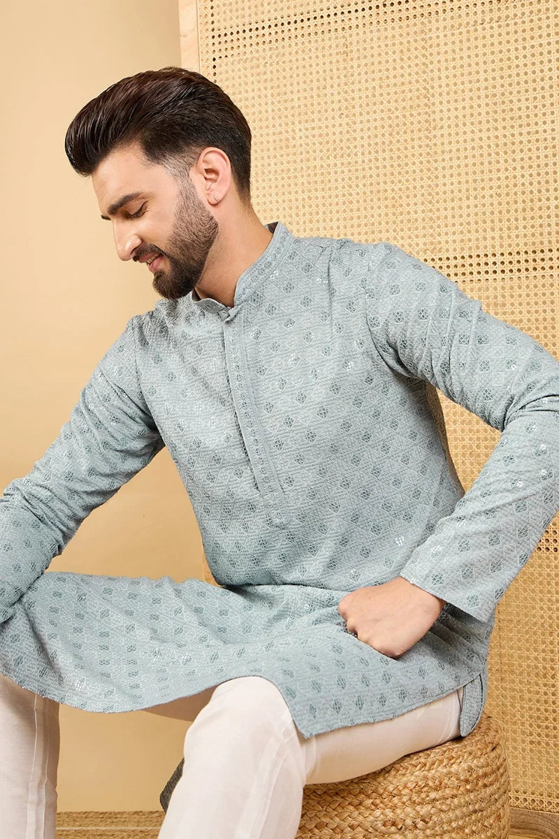 Grey Viscose Rayon Solid Embroidered Straight Chikankari Kurta MKU1054