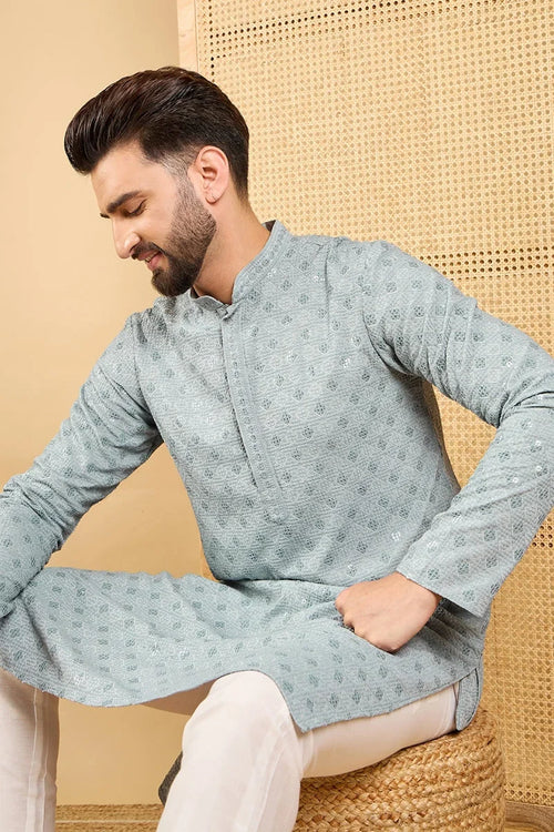 Grey Viscose Rayon Solid Embroidered Straight Chikankari Kurta MKU1054