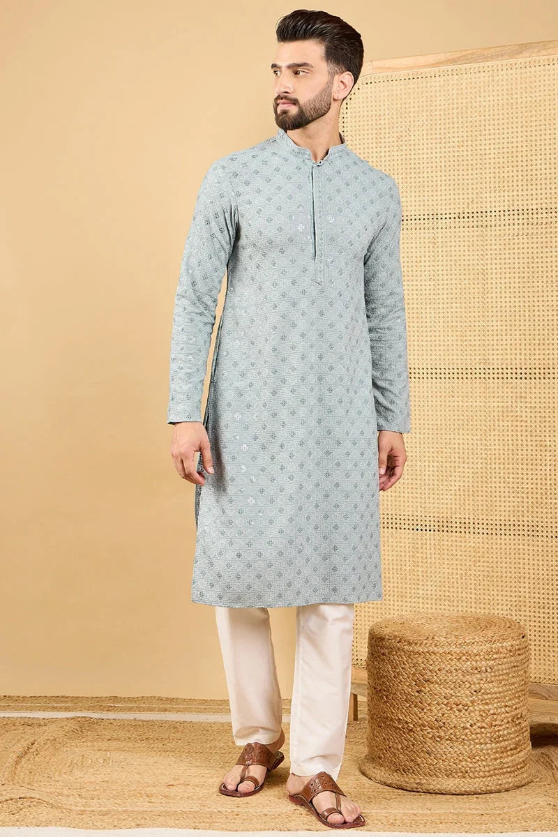 Grey Viscose Rayon Solid Embroidered Straight Chikankari Kurta MKU1054