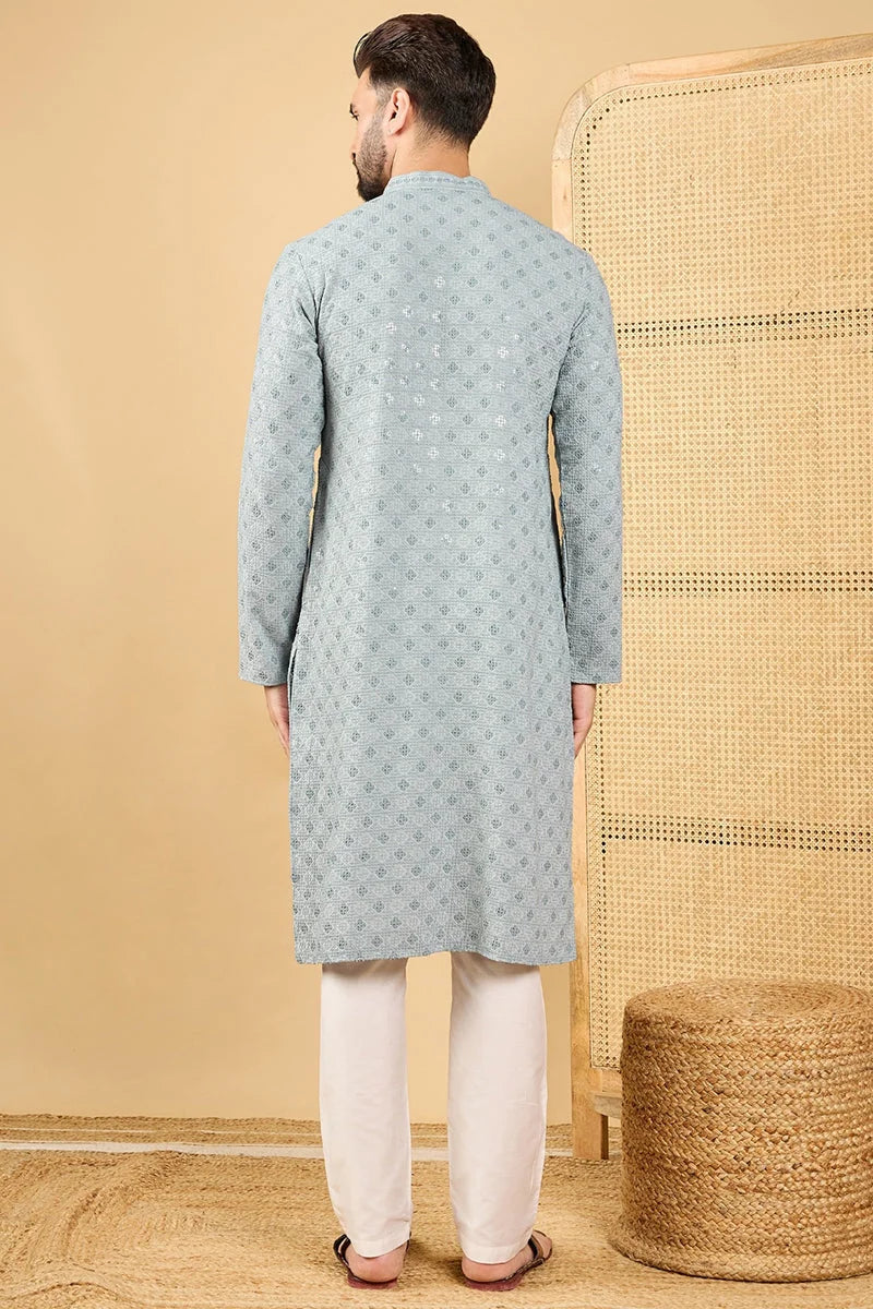 Grey Viscose Rayon Solid Embroidered Straight Chikankari Kurta MKU1054