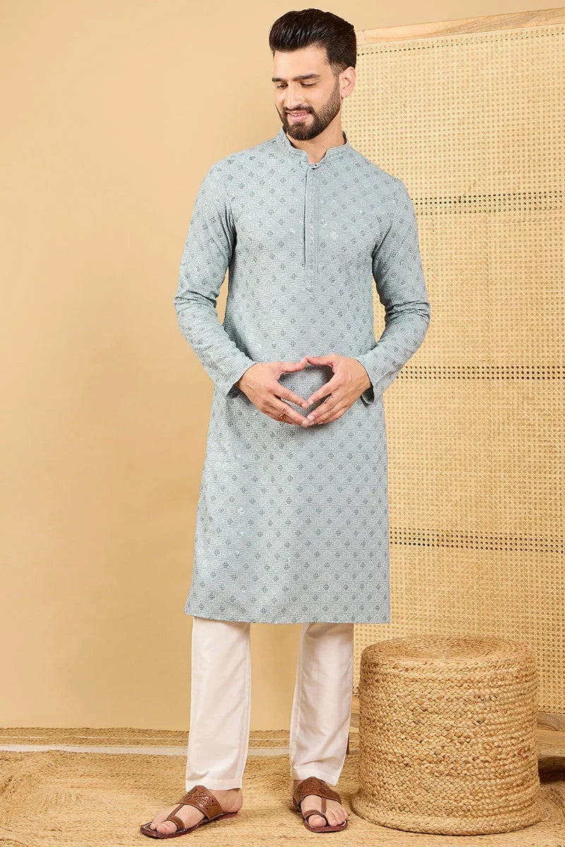 Grey Viscose Rayon Solid Embroidered Straight Chikankari Kurta MKU1054