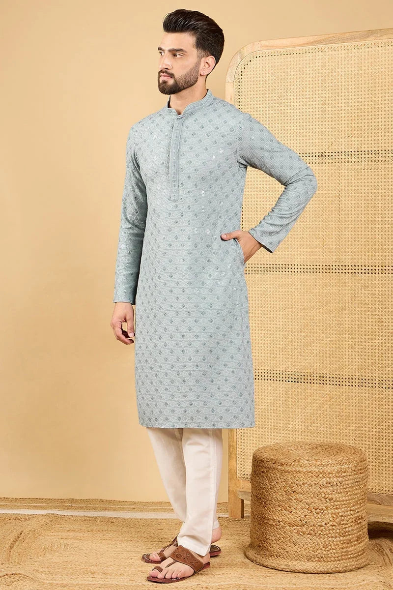 Grey Viscose Rayon Solid Embroidered Straight Chikankari Kurta MKU1054