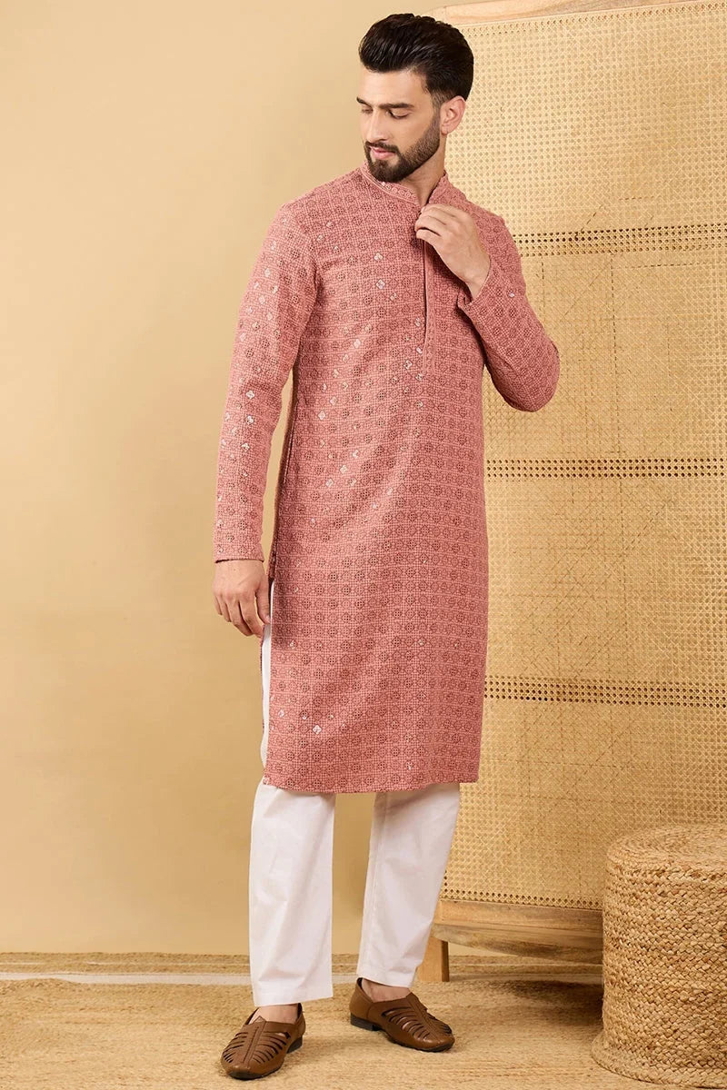 Rust Red Viscose Rayon Solid Embroidered Straight Chikankari Kurta MKU1055