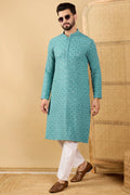 Turquoise Blue Viscose Rayon Solid Embroidered Straight Chikankari Kurta MKU1056