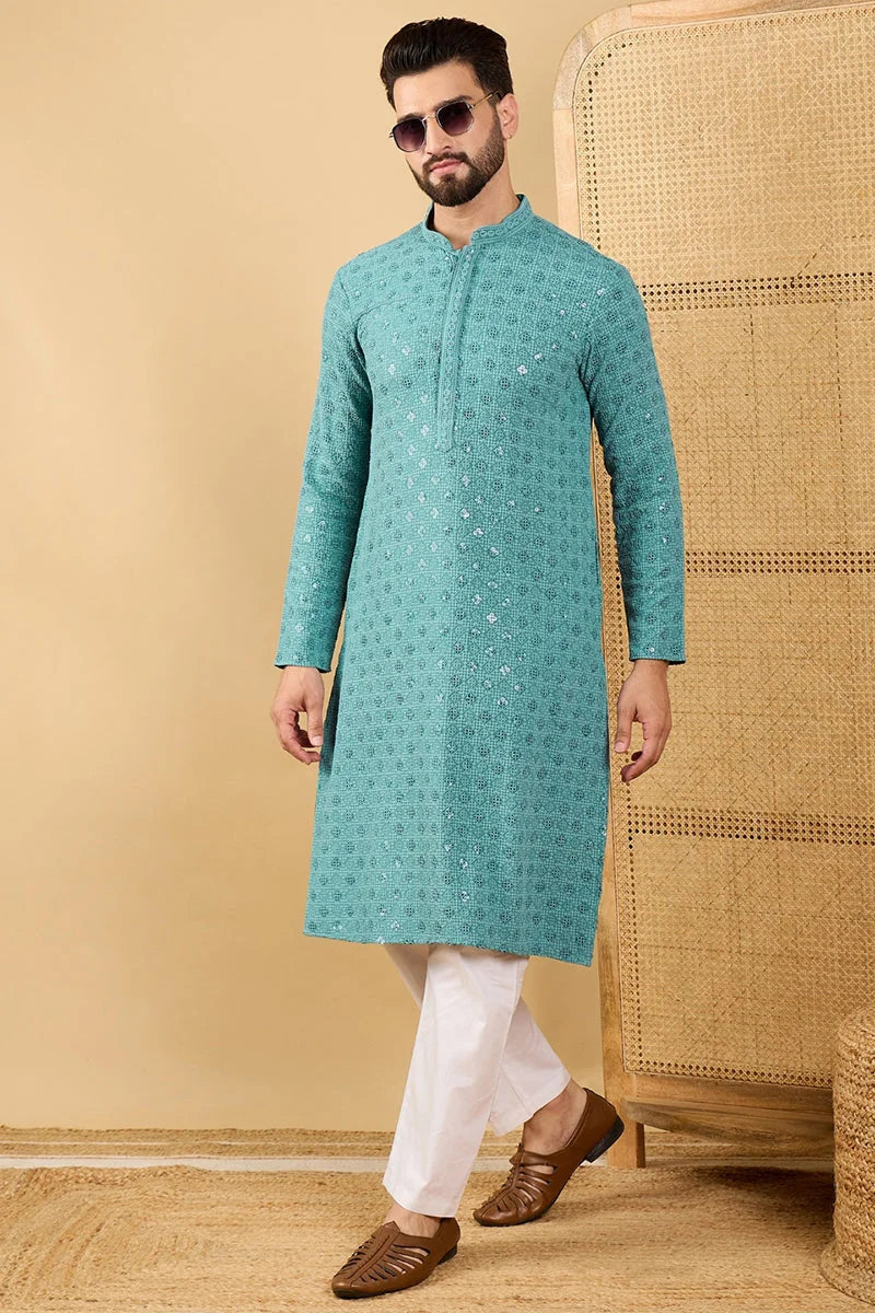 Turquoise Blue Viscose Rayon Solid Embroidered Straight Chikankari Kurta MKU1056
