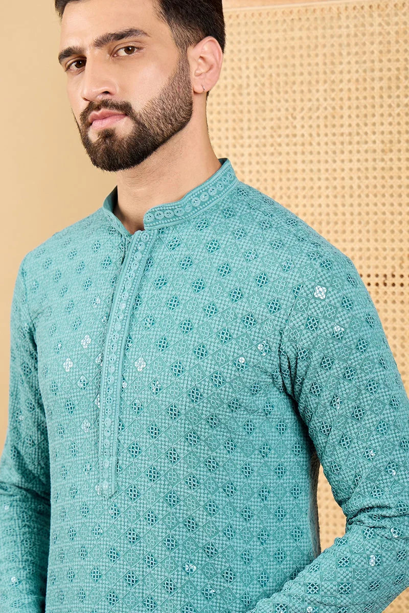 Turquoise Blue Viscose Rayon Solid Embroidered Straight Chikankari Kurta MKU1056