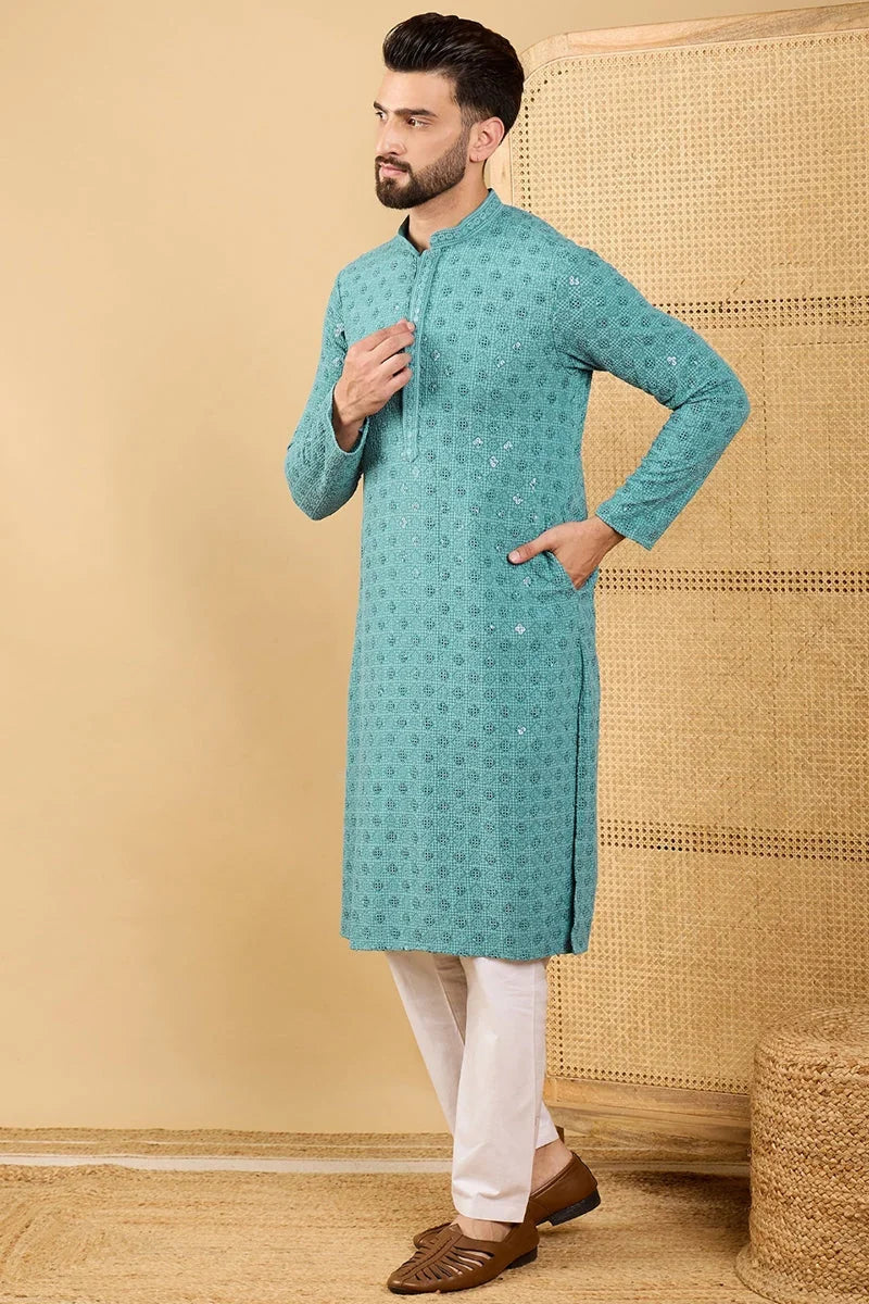 Turquoise Blue Viscose Rayon Solid Embroidered Straight Chikankari Kurta MKU1056