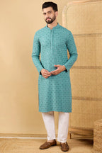 Turquoise Blue Viscose Rayon Solid Embroidered Straight Chikankari Kurta MKU1056
