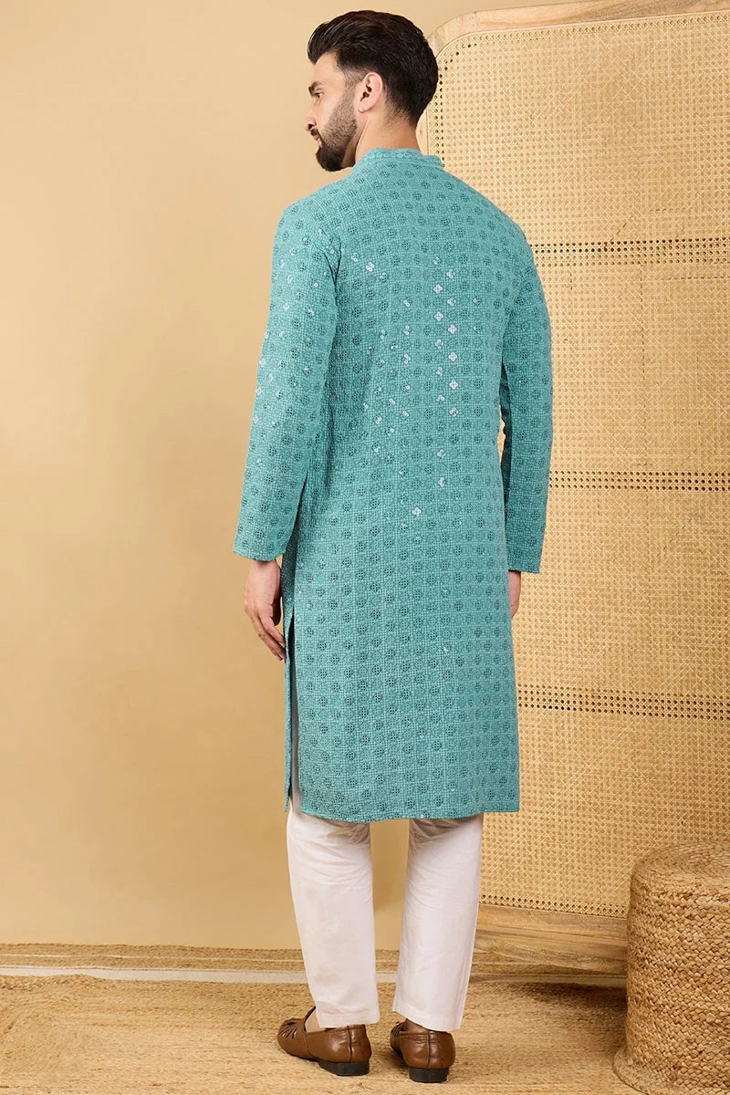 Turquoise Blue Viscose Rayon Solid Embroidered Straight Chikankari Kurta MKU1056