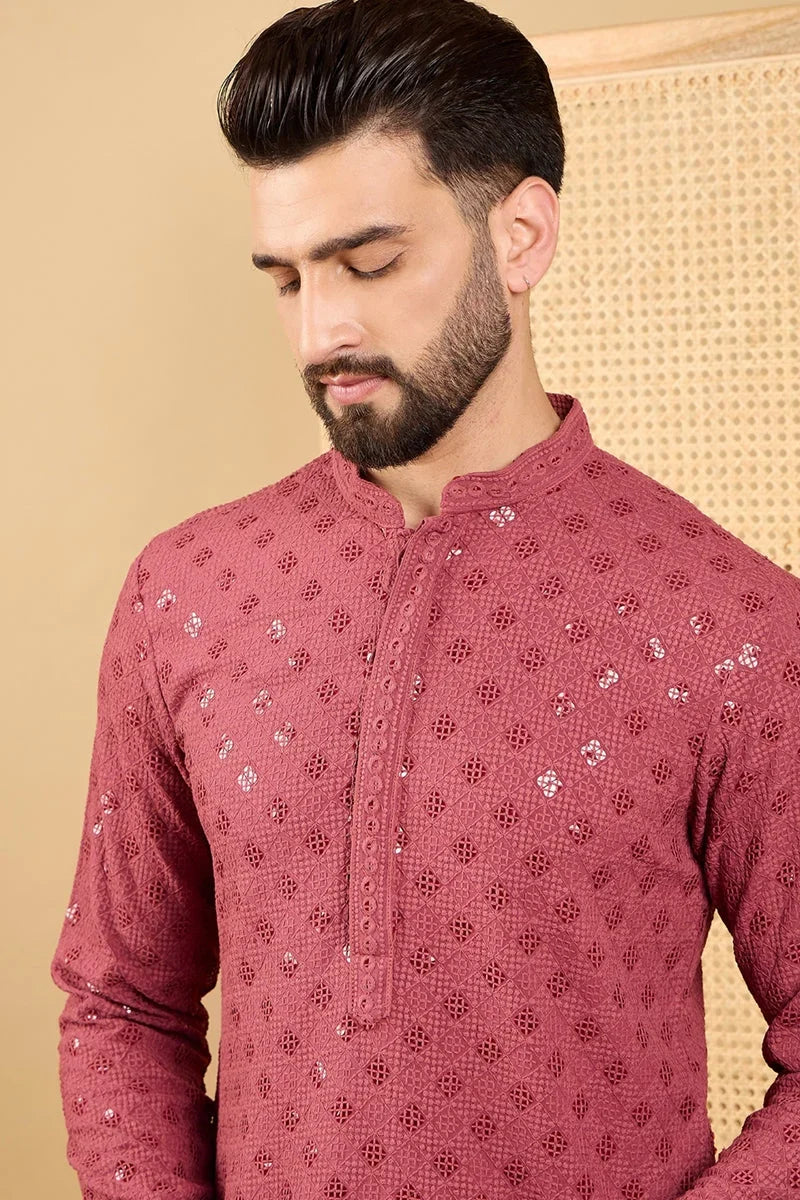 Red Viscose Rayon Solid Embroidered Straight Chikankari Kurta MKU1057