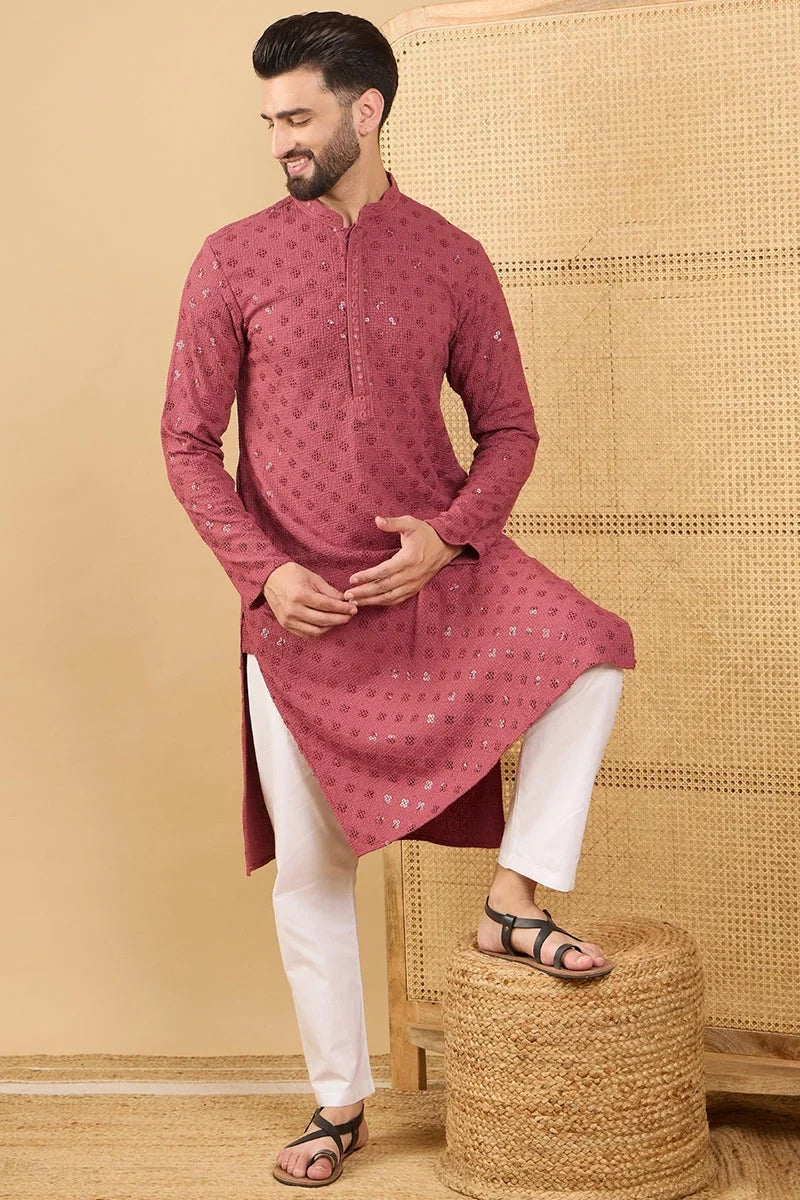 Red Viscose Rayon Solid Embroidered Straight Chikankari Kurta MKU1057