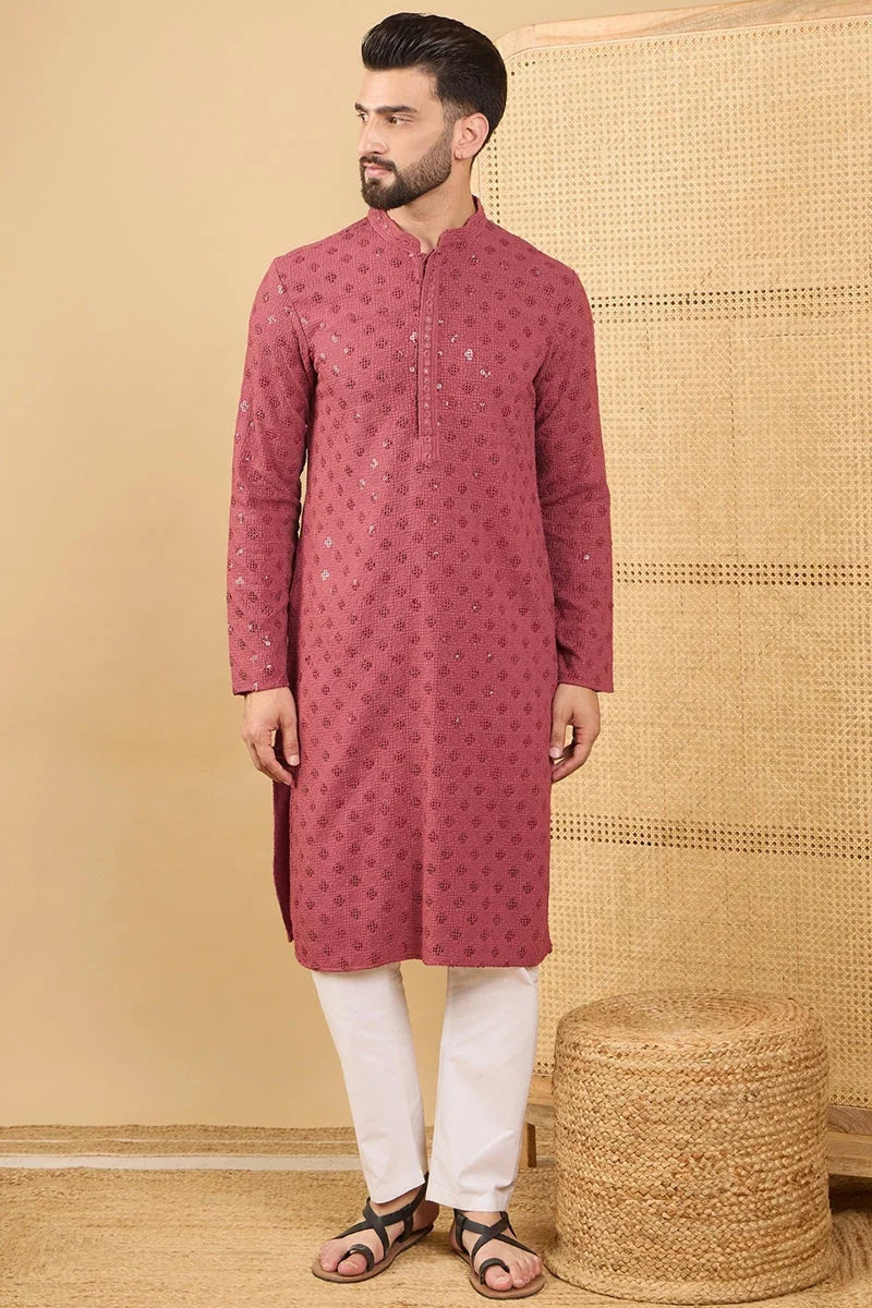 Red Viscose Rayon Solid Embroidered Straight Chikankari Kurta MKU1057