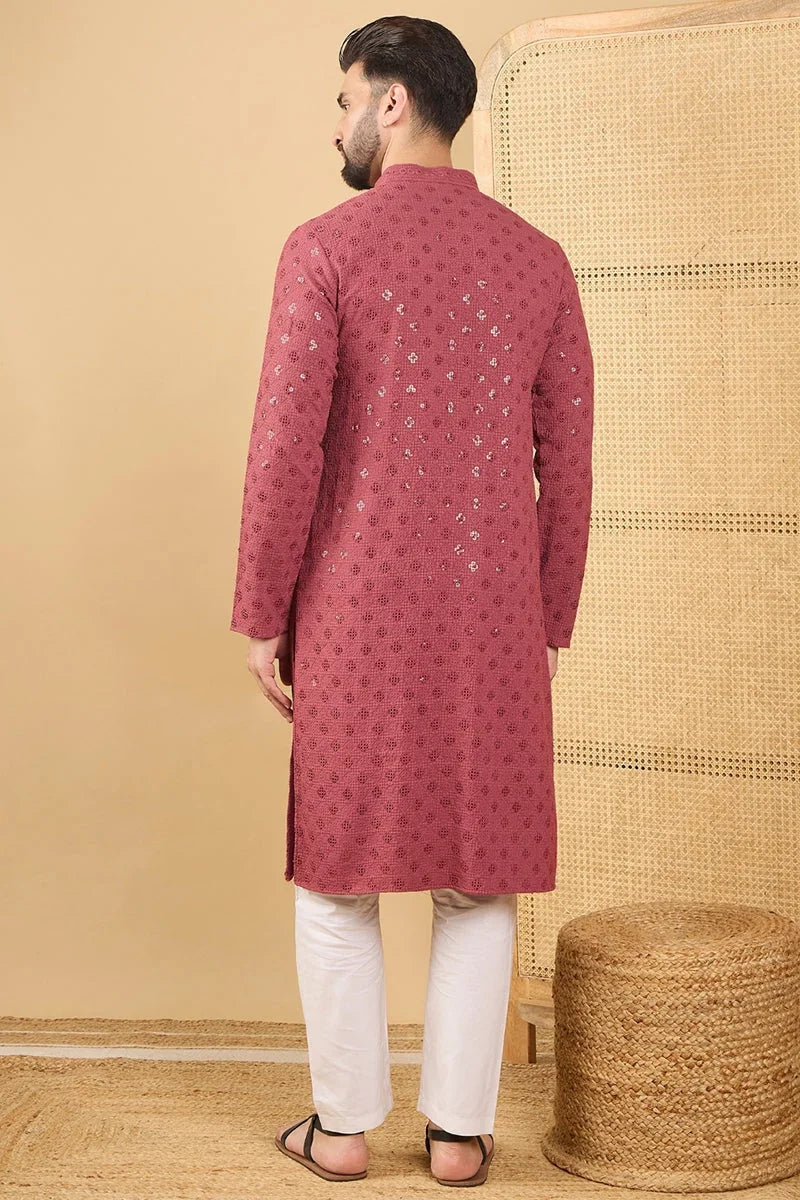 Red Viscose Rayon Solid Embroidered Straight Chikankari Kurta MKU1057